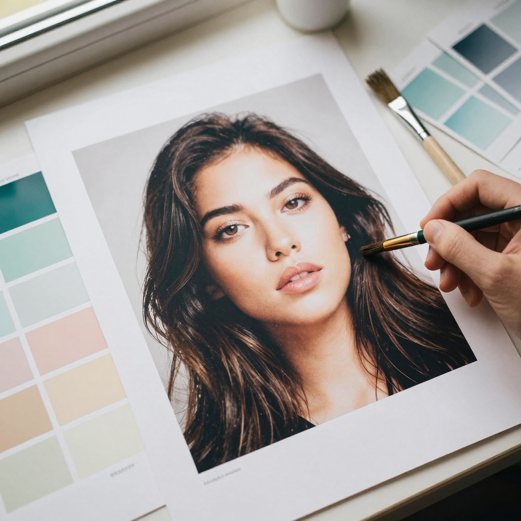 Overhead flat lay of a portrait print surrounded by color swatches and a small brush, a hand hovering to blend an edge, natural daylight