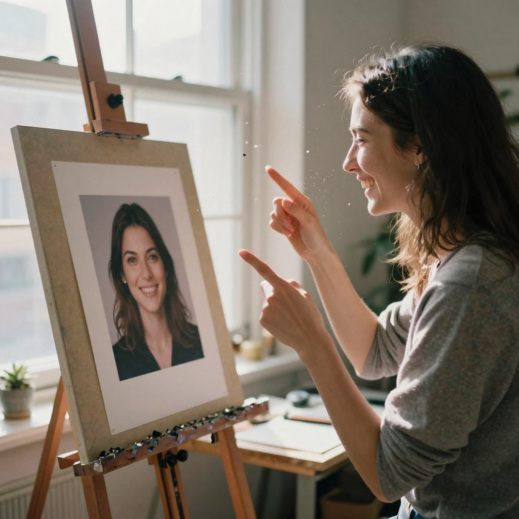 A creator snapping her fingers with a delighted grin in a bright studio, a single portrait print appearing on the easel beside her, confetti