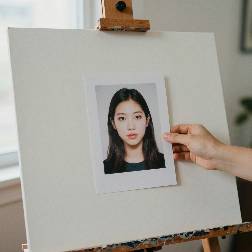 Close-up of a hand placing one lone portrait print onto an empty white easel, no other prints around, clean minimal studio, soft daylight