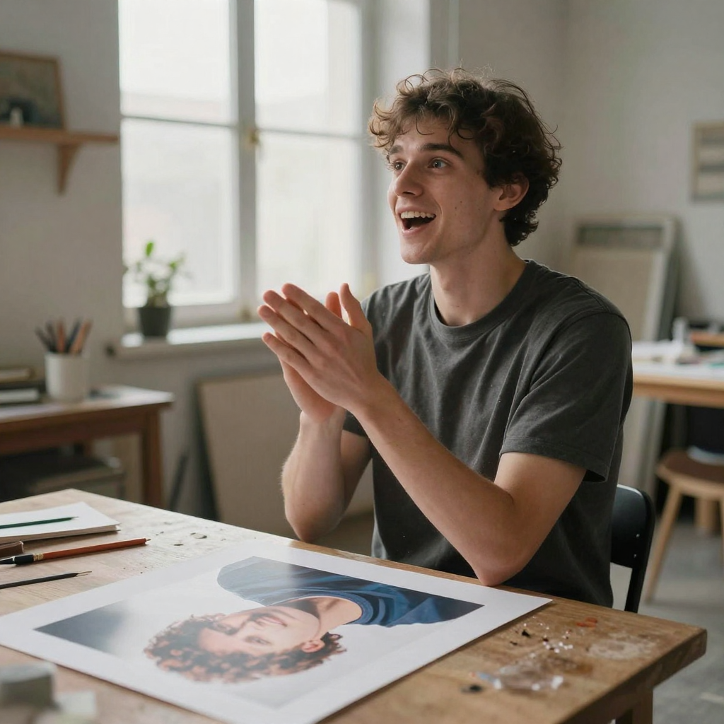 A young man clapping once with an excited expression in a sunlit loft, a fresh portrait print propped on the table in front of him