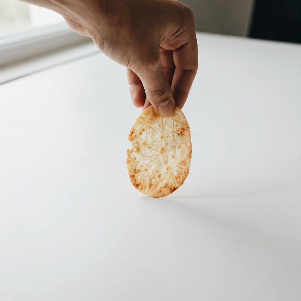 Overhead flat lay of a single crisp character portrait centered on an otherwise empty white desk, one hand just releasing it, bright even li
