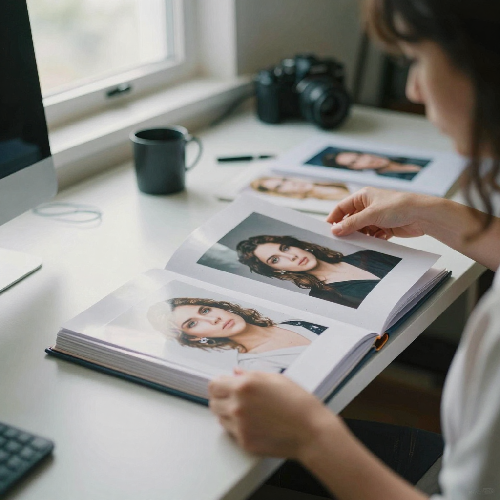 A creator in a tidy home office thoughtfully flipping through a physical portfolio binder of glossy portrait prints, morning light across he