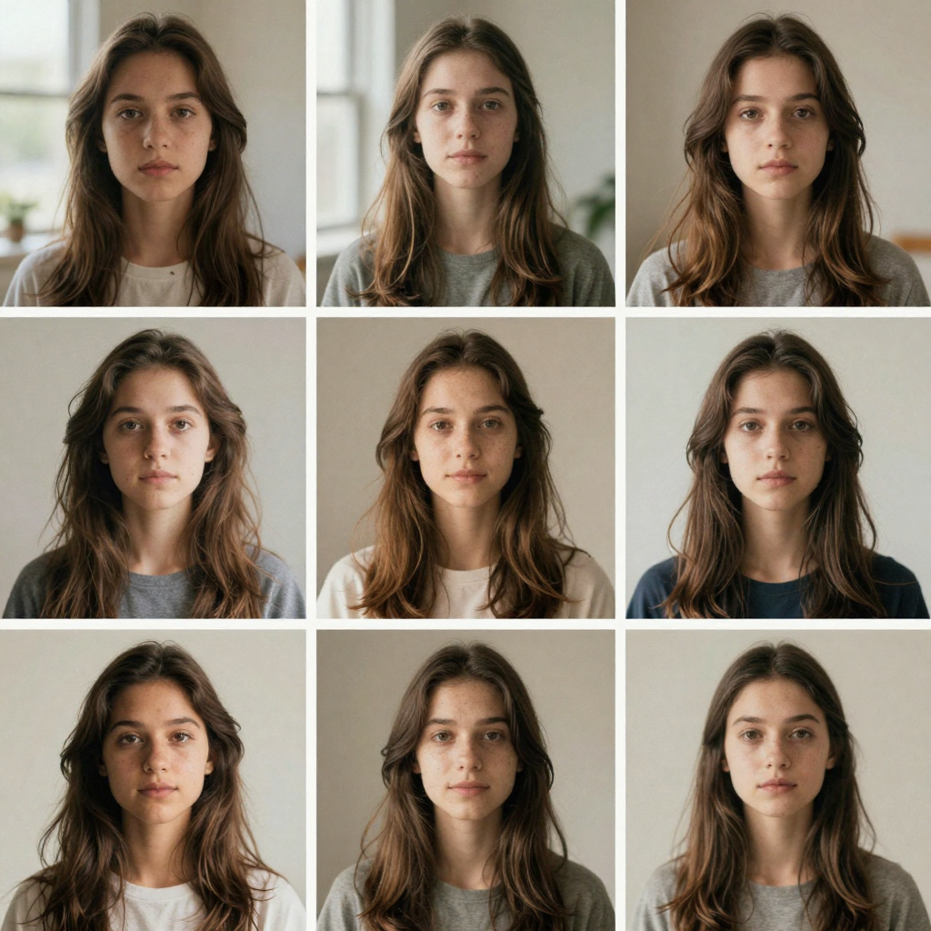 a portfolio grid of consistent AI portrait photos of the same person, studio light