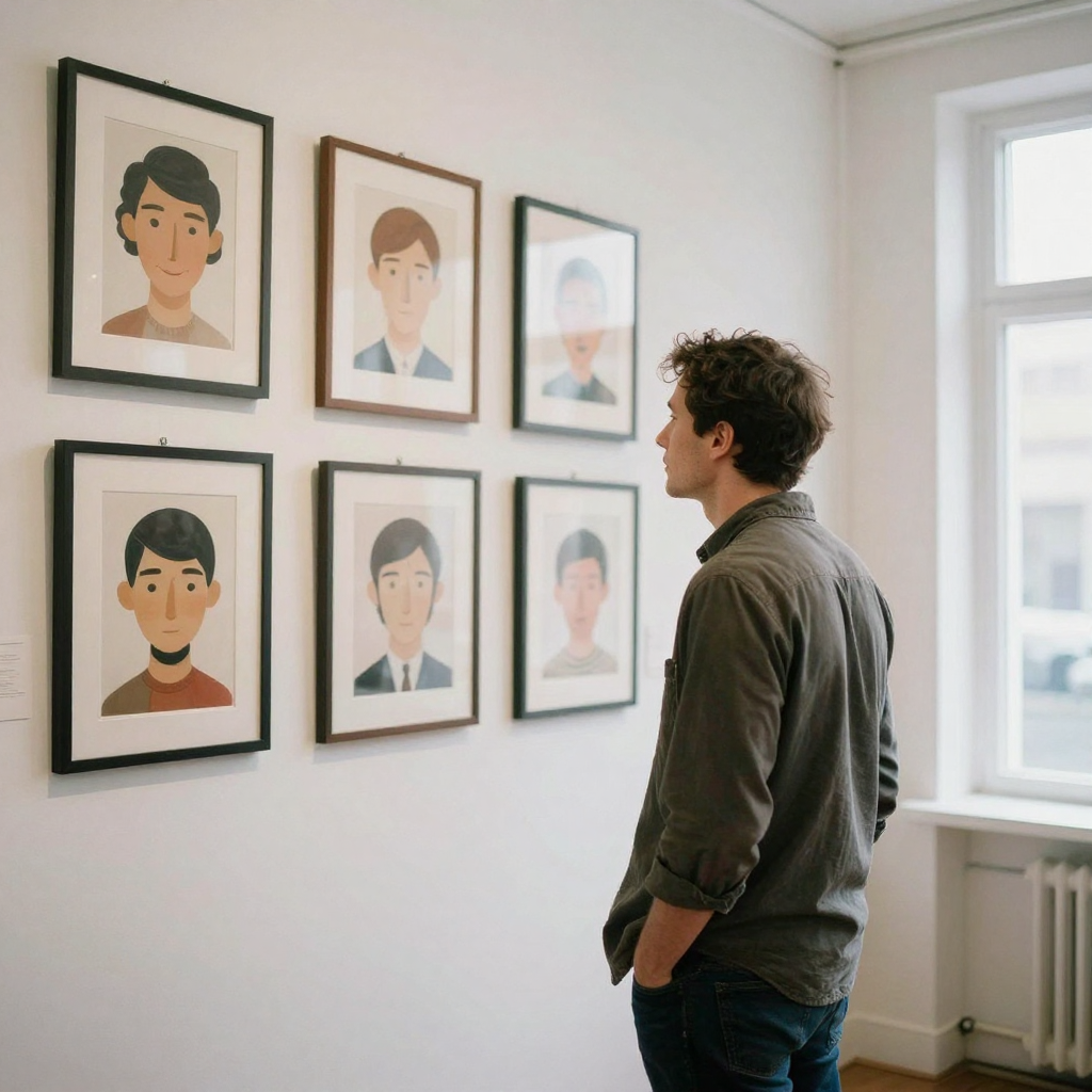 A man standing before a gallery wall of framed portraits of different stylized characters, hands in pockets, studying them in a bright airy