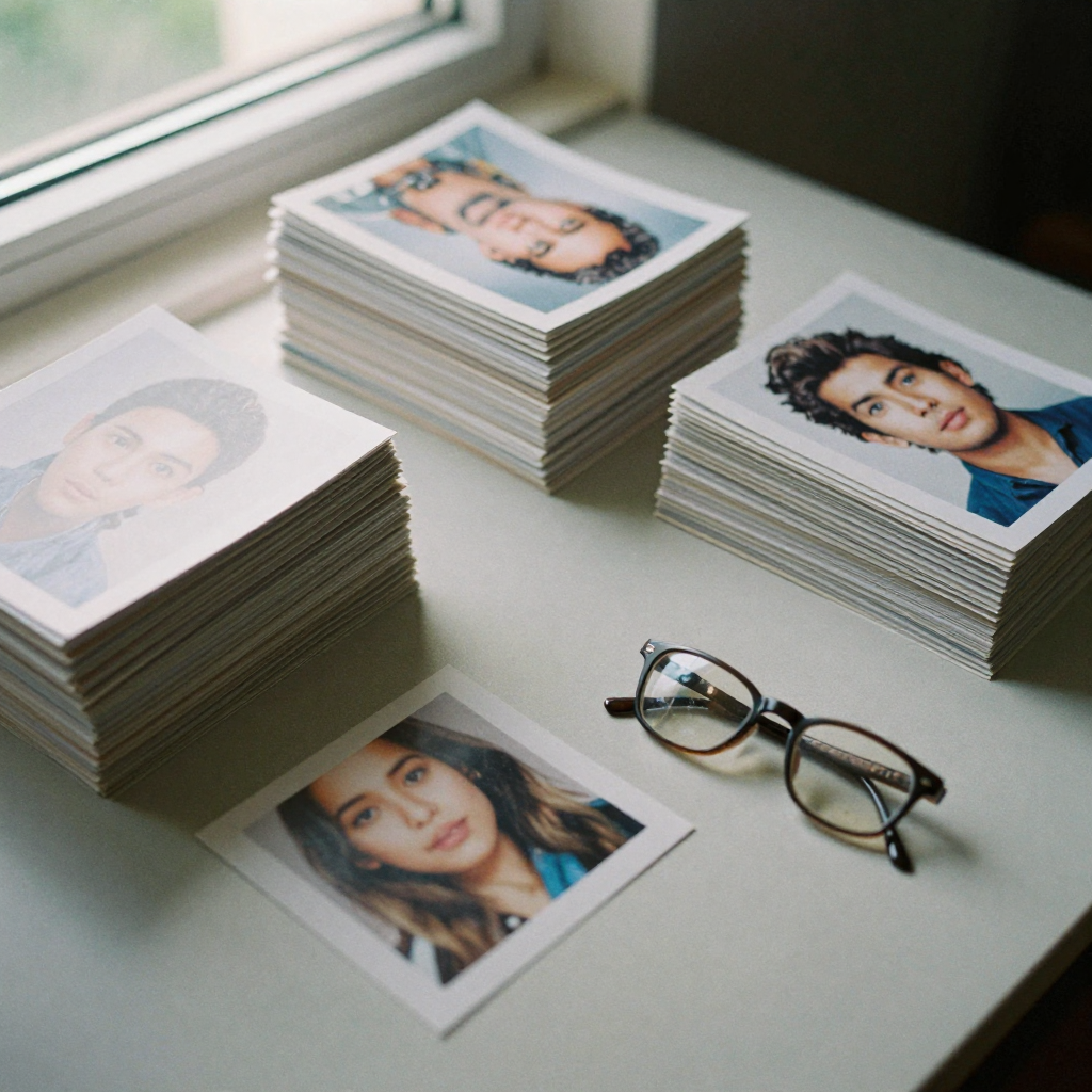 Overhead shot of neat stacks of portrait prints grouped into separate piles on a clean desk, a pair of reading glasses resting beside them