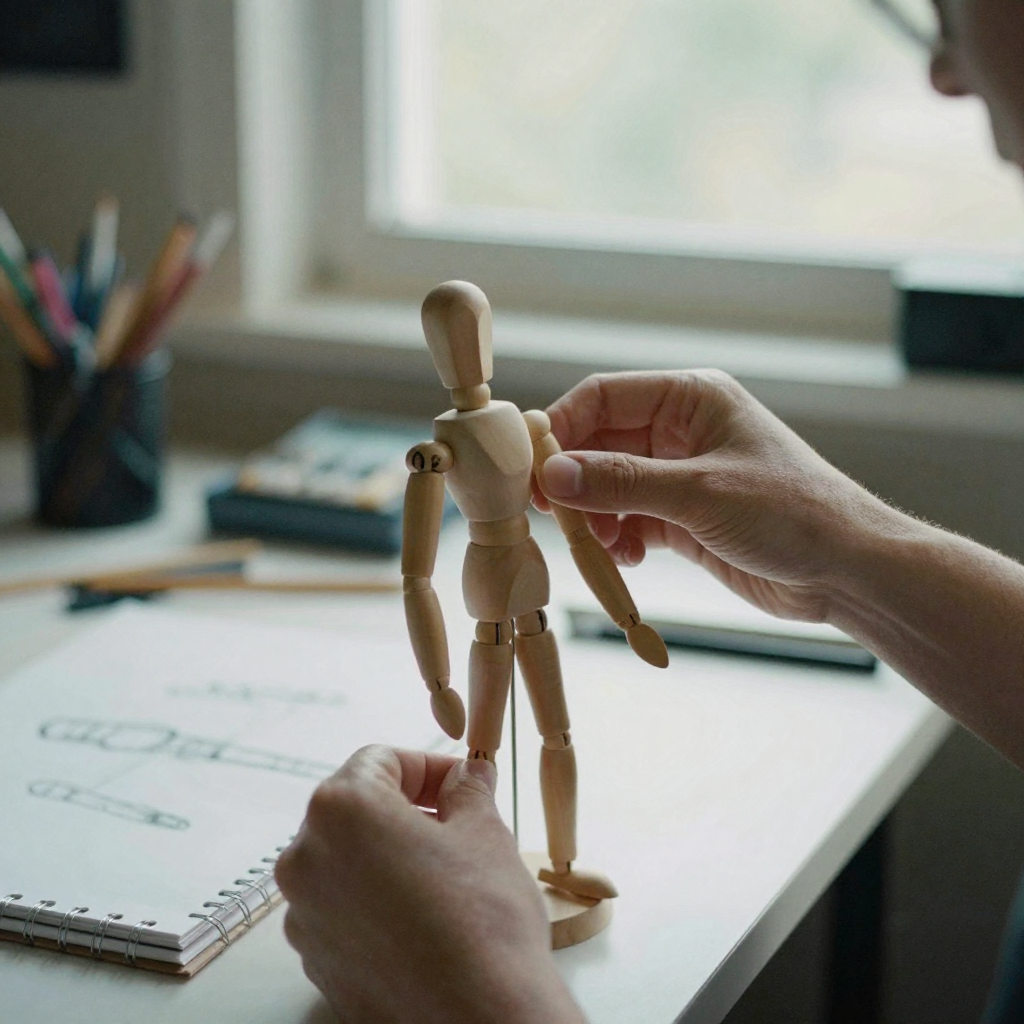 An artist adjusting the limbs of a small wooden posing mannequin on a desk, matching a graceful stance, soft daylight and a sketch pad nearb