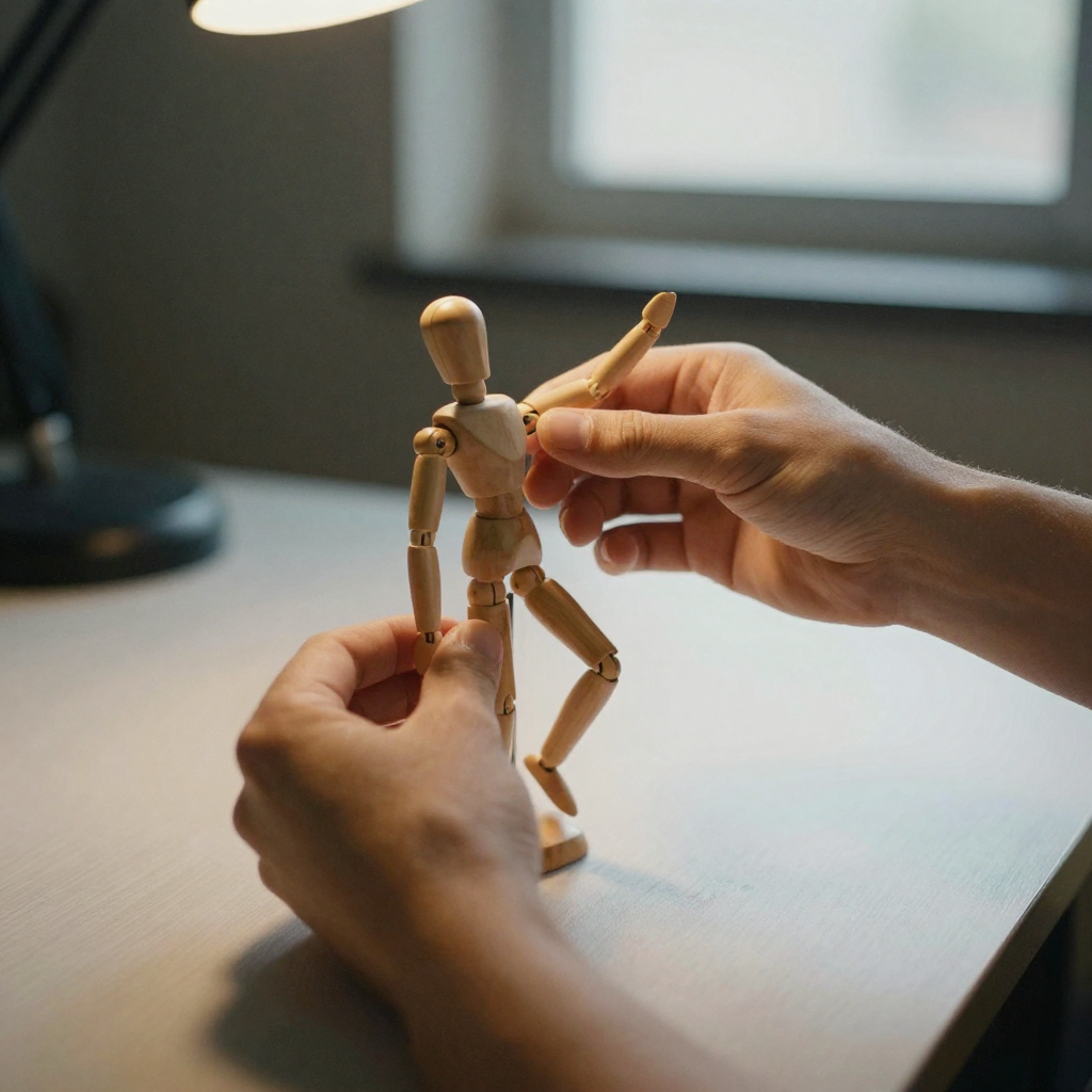 Close-up of hands positioning a jointed articulated figure into a dynamic pose, warm studio lamp casting a long shadow across the desk