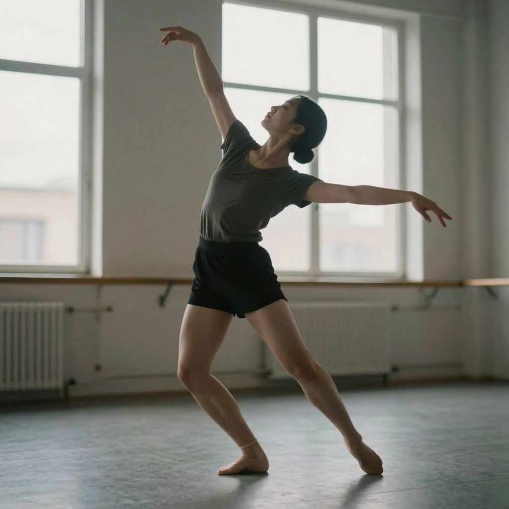 a dancer captured mid-pose in a bright studio, dynamic motion, soft light