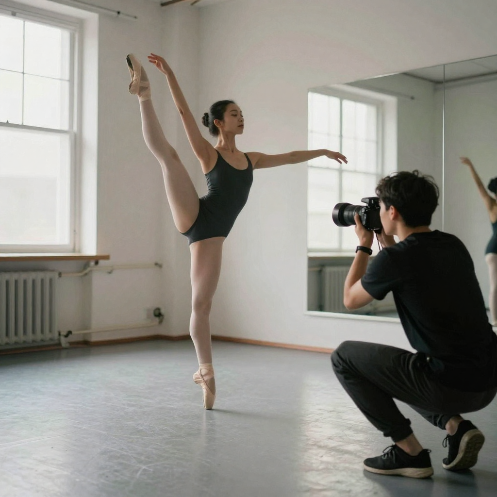 A dancer holding a precise arabesque in a bright studio while a photographer crouches to frame her, mirror wall reflecting soft light