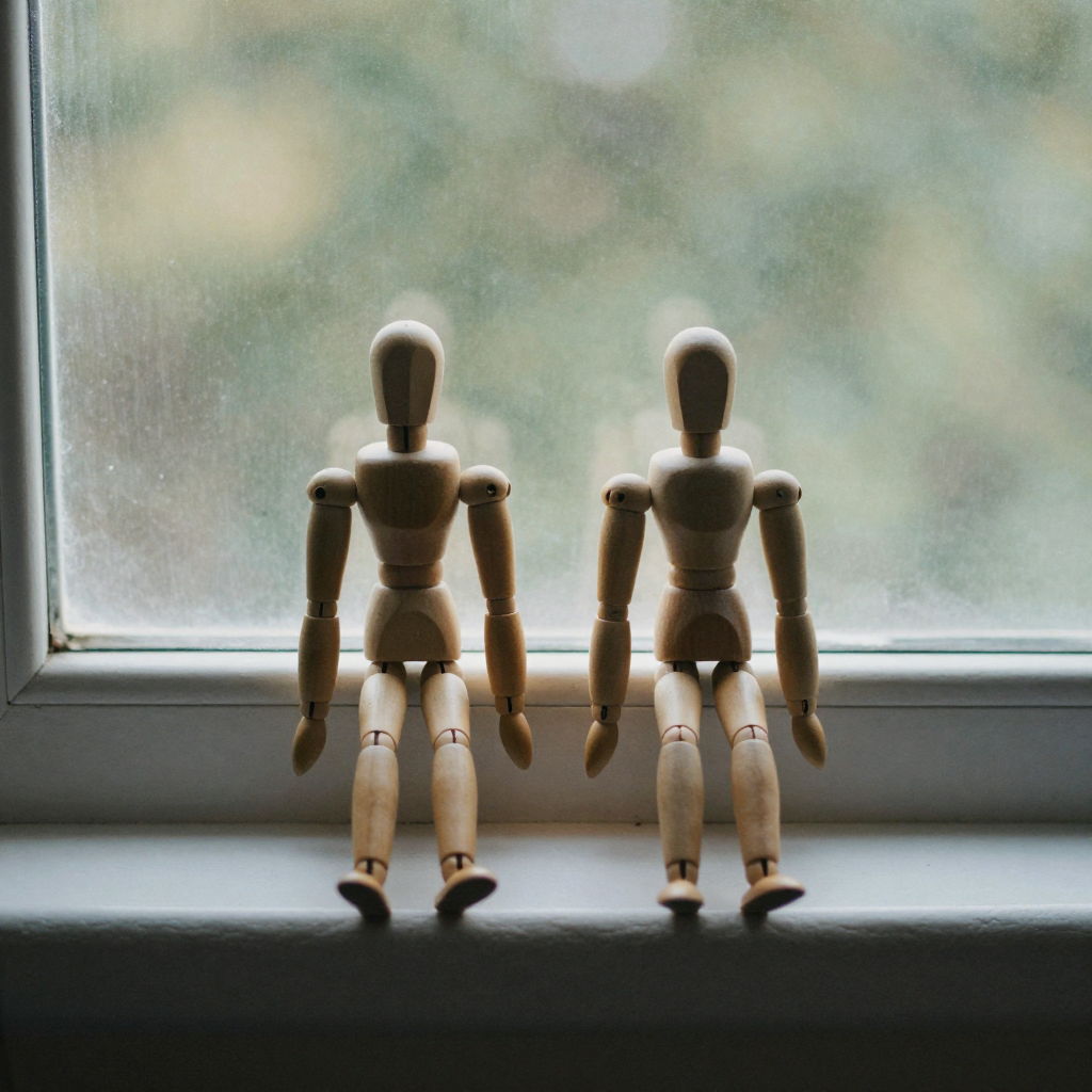 Two small wooden mannequins posed identically side by side on a windowsill, one facing left and one right, gentle afternoon backlight
