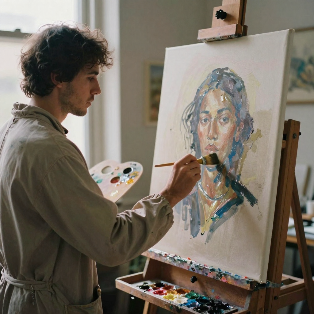 A painter in a smock dipping a wide brush into a palette of oil colors, dabbing a canvas of an abstract portrait, studio easel bathed in nor