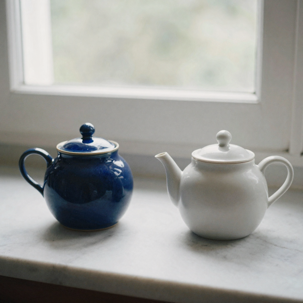 Two identical porcelain teapots on a marble counter, one glazed cobalt blue and one raw matte white, showing the same shape in two finishes,