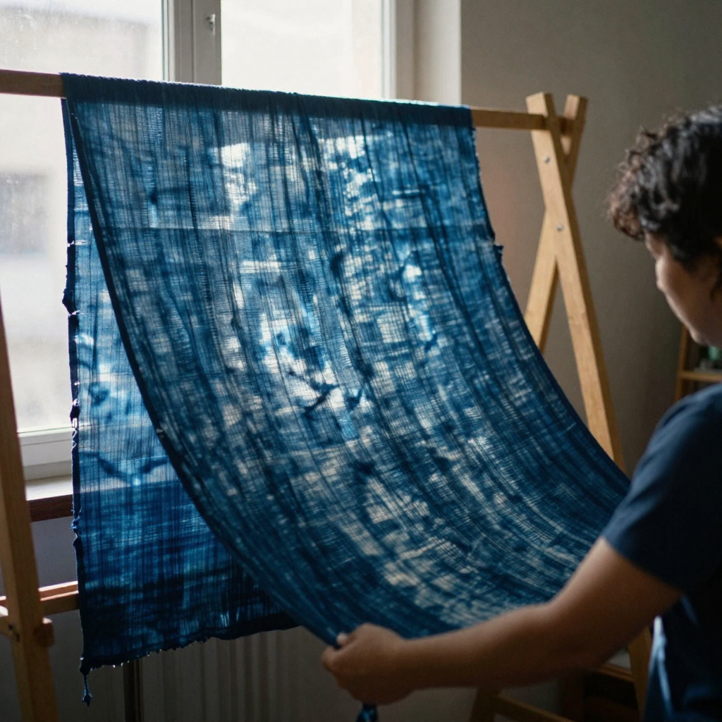 A textile artist draping a length of hand-dyed indigo fabric over a wooden rack in a workshop, ripples of blue catching afternoon sun