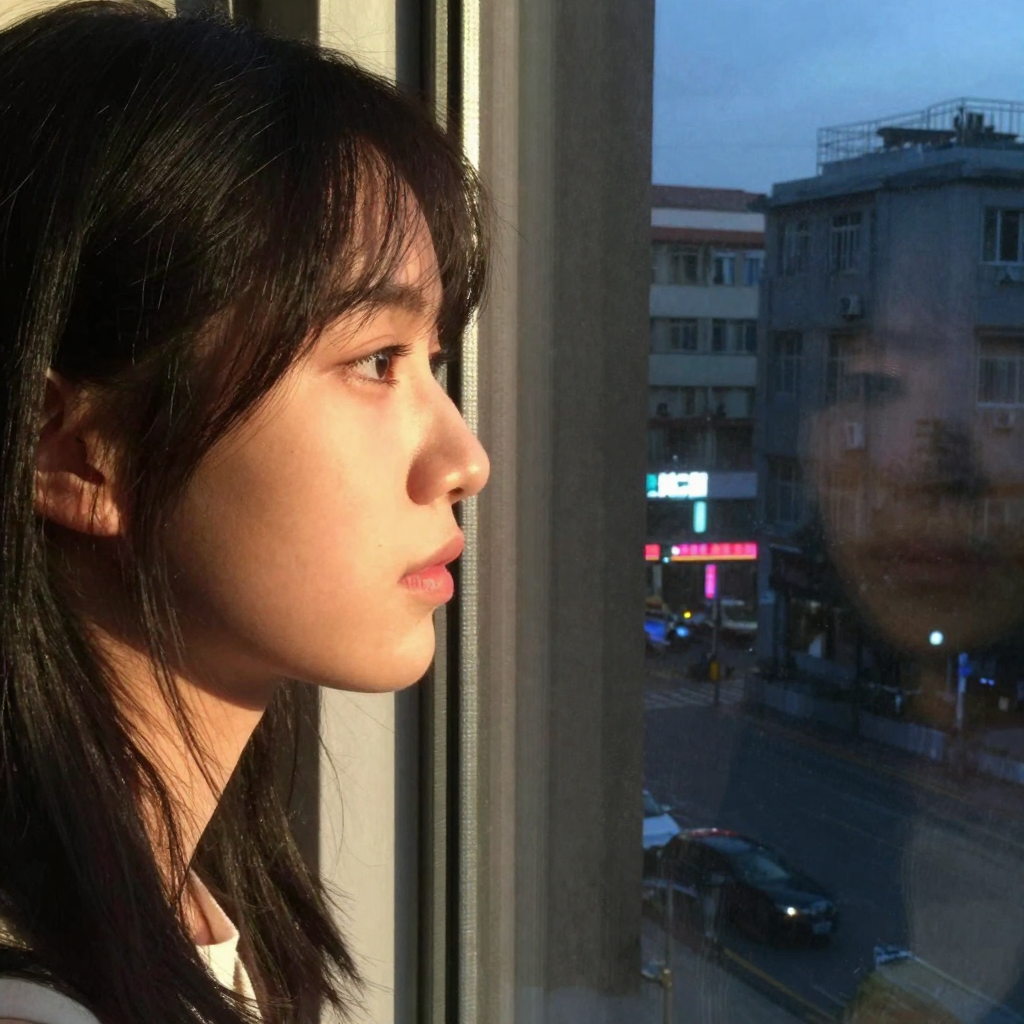 Close-up of a young woman's face in golden-hour sunlight, then the same profile silhouetted against neon city glow at night, split by a door