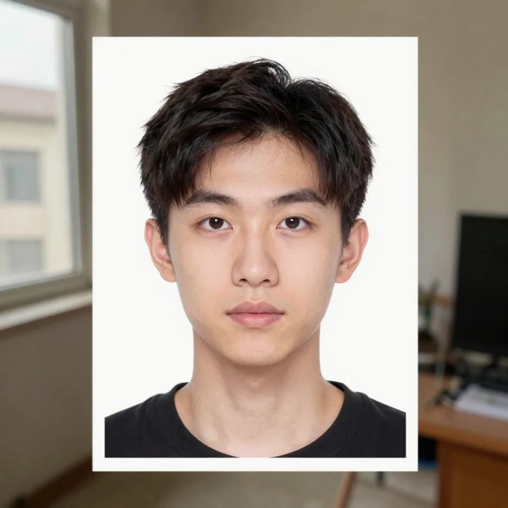 Professional ID headshot example with neutral expression, even lighting and a plain background, formatted to passport spec