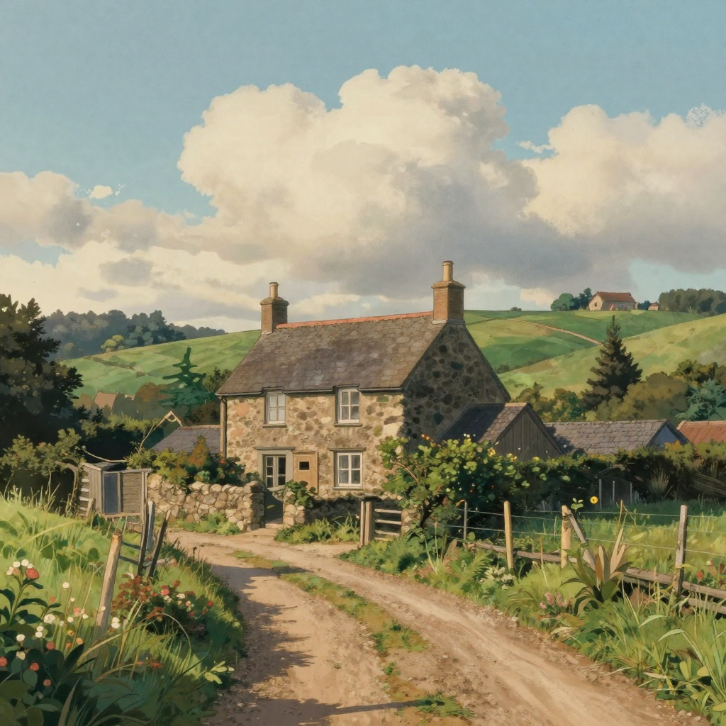 A quiet countryside cottage among rolling green hills and puffy clouds rendered in soft painterly Ghibli-like tones, warm afternoon light, a
