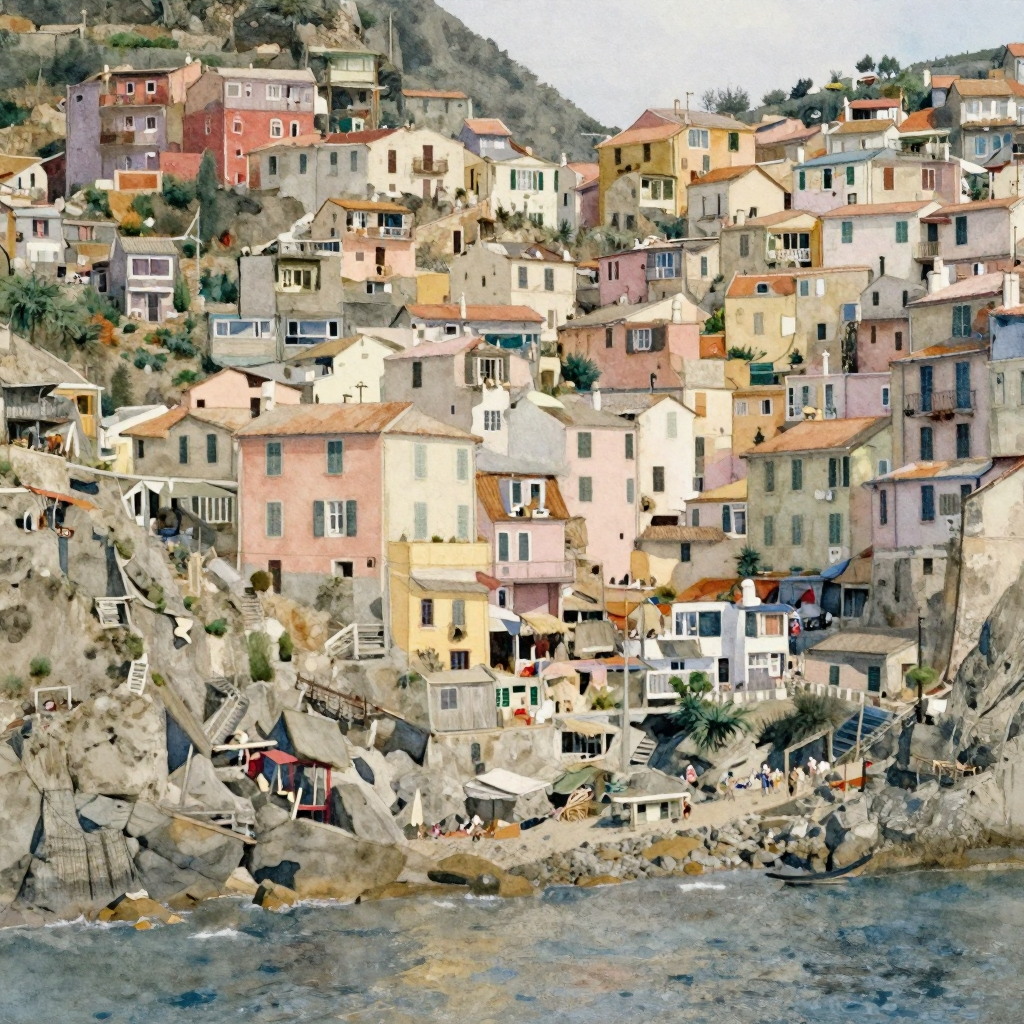 A watercolor-style seaside town with pastel houses stacked up a hillside, loose bleeding pigments and soft edges, gentle golden light on the