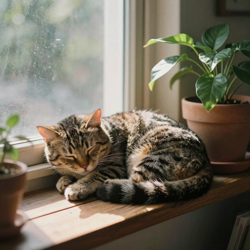 A cat curled asleep on a wooden windowsill beside a potted plant, whimsical hand-drawn animation aesthetic, warm sunbeam falling across the