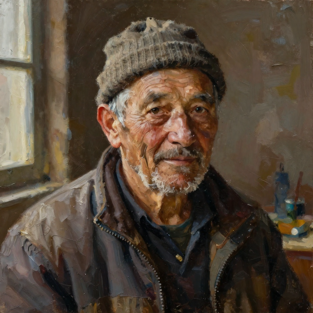 An oil-painting-style portrait of an old fisherman in a knit cap, thick visible brushstrokes and rich impasto texture, dramatic warm studio