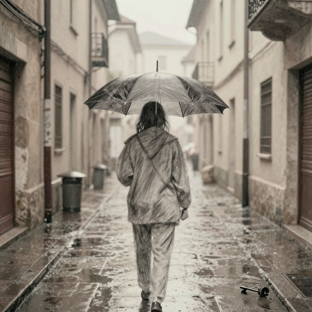 A pencil-sketch-style street scene of a rainy European alley with a lone umbrella, soft graphite shading and cross-hatching, muted overcast