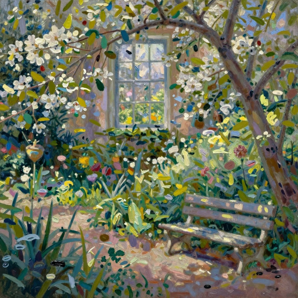 A vibrant impressionist-style garden bursting with dappled sunlight through trees, broken color and loose dabs of paint, a bench under bloom