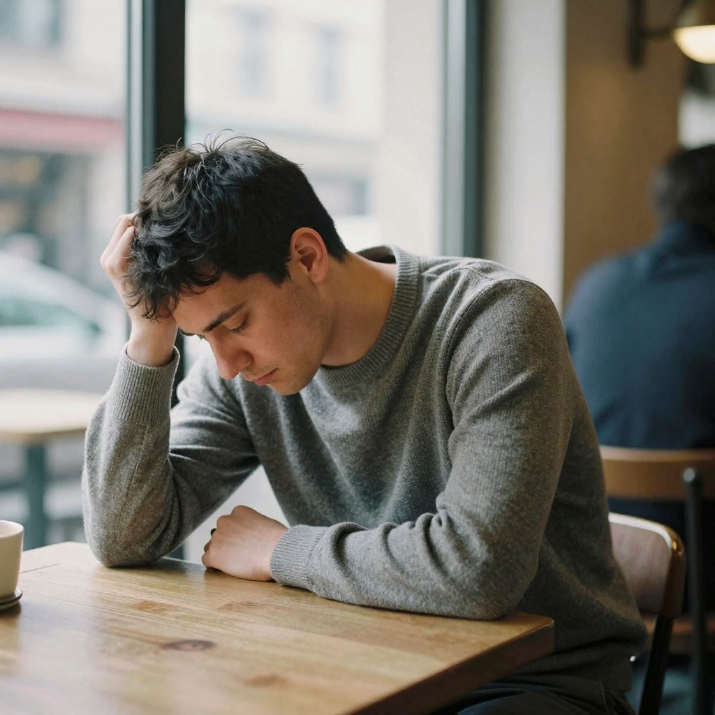 A man in a grey sweater seated at a cafe table, shifting from a slouched pose to sitting upright, his face unchanged, warm window light on h