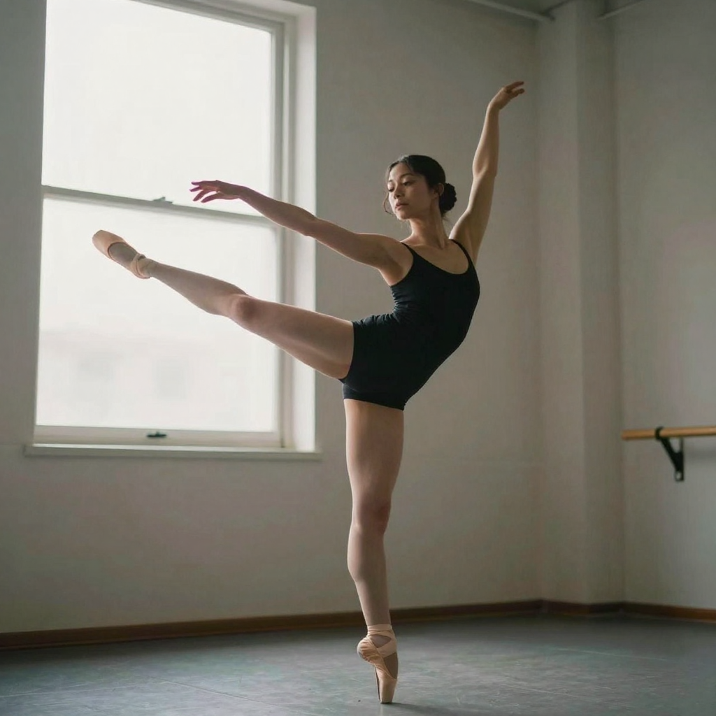 A dancer in a studio holding an arabesque, arms extended in a new pose against a plain seamless backdrop, natural window light modeling her