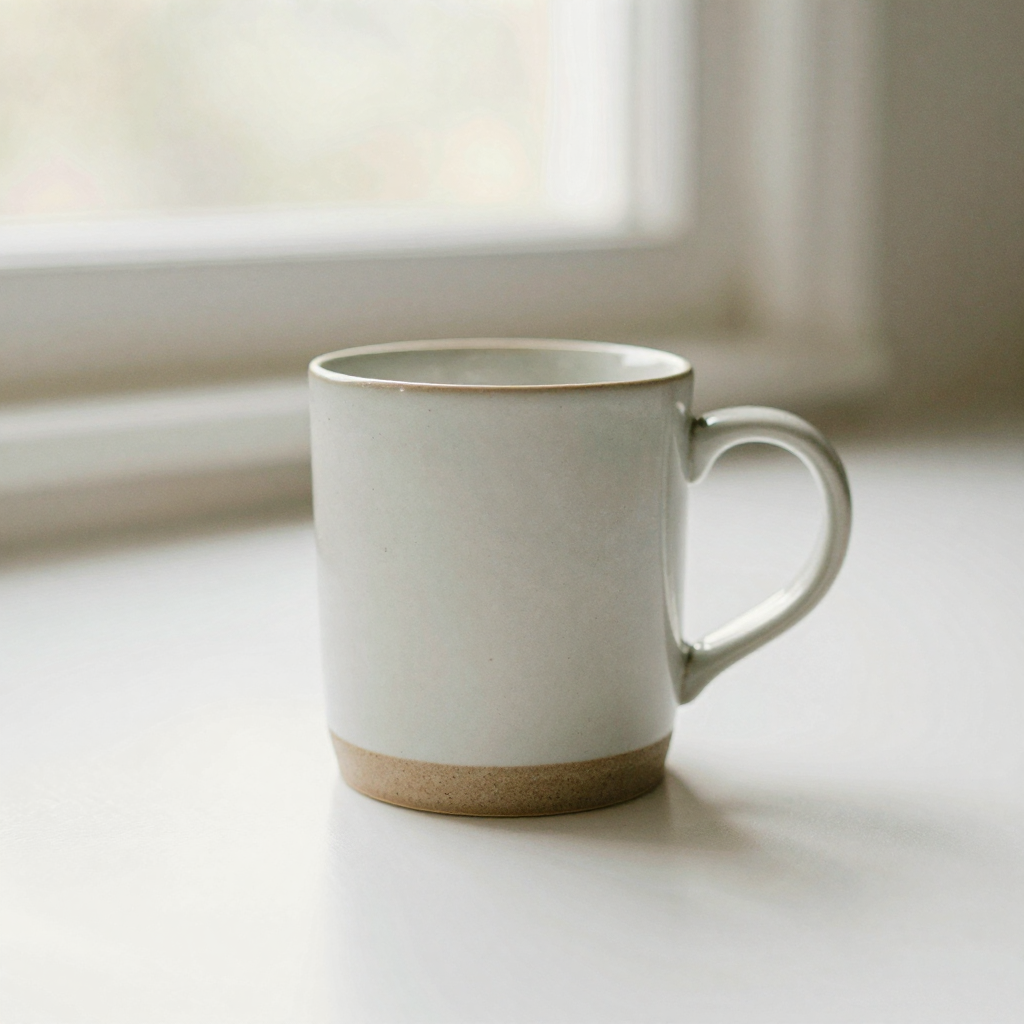 A ceramic mug centered on a seamless white sweep under soft even studio light, subtle reflection beneath, clean e-commerce catalog framing