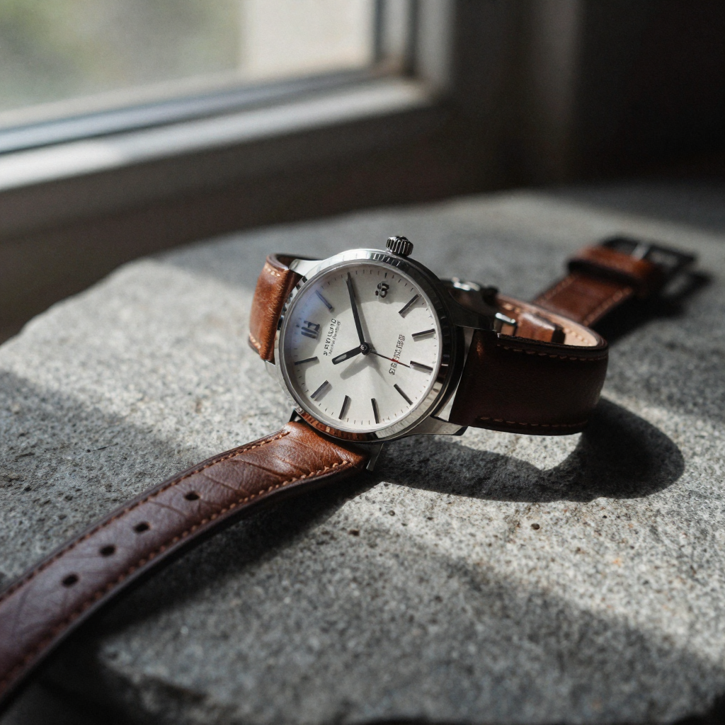 A leather wristwatch resting on smooth grey stone, dramatic side light raking across the strap texture, deep shadows, luxury product feel
