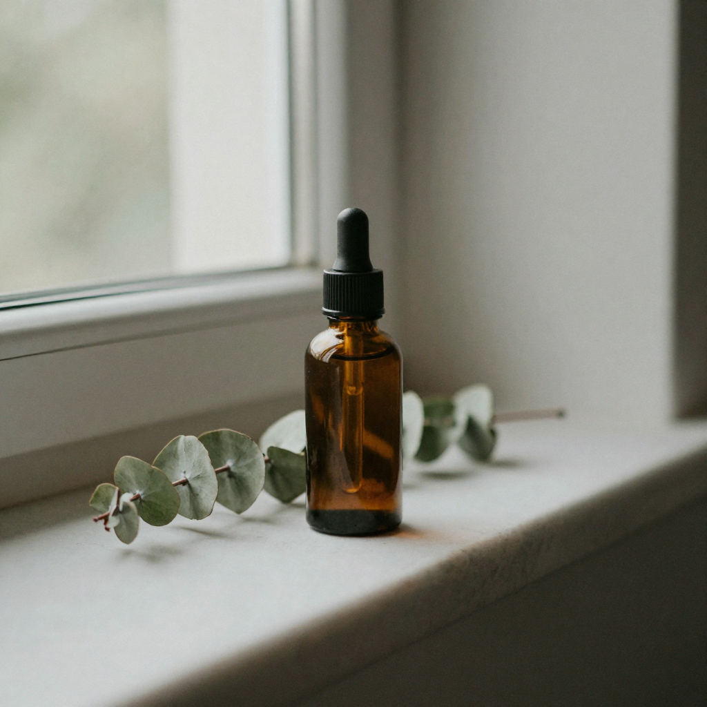 A bottle of amber skincare serum on a marble ledge beside a sprig of eucalyptus, soft window light, minimalist lifestyle styling