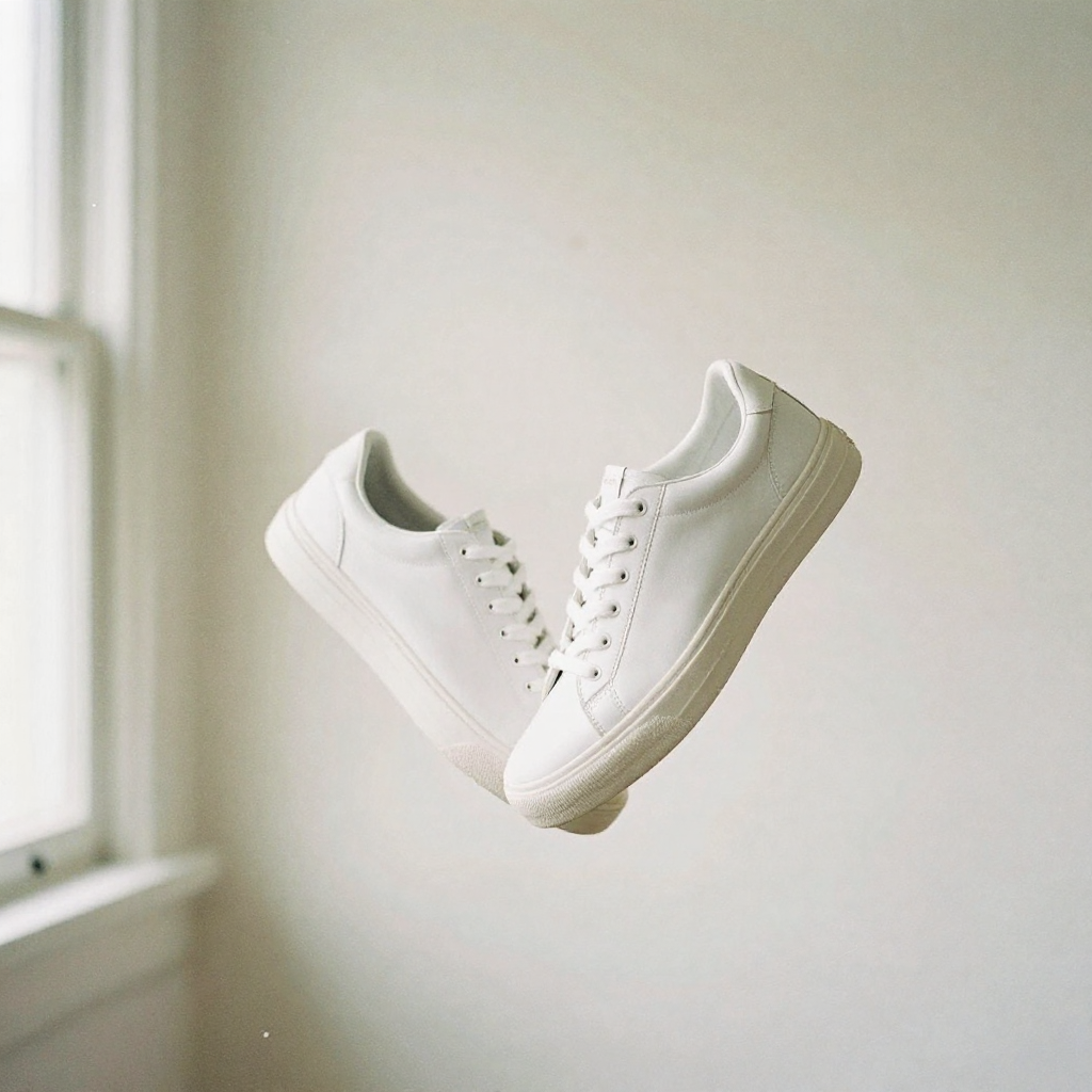 A pair of white sneakers floating against a pale pastel backdrop with a soft drop shadow, bright airy studio lighting, catalog composition