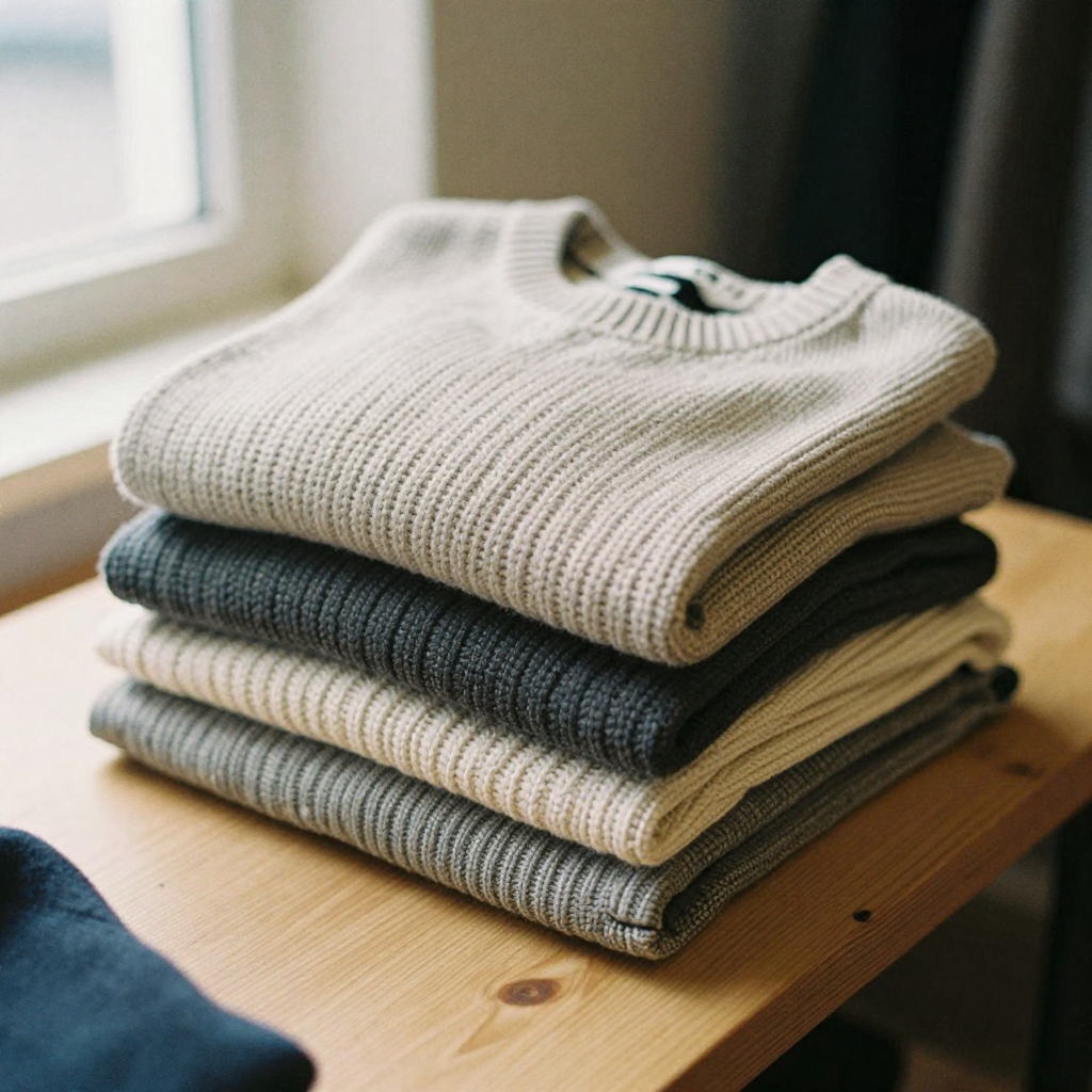 A stack of folded knit sweaters on a light wooden surface, warm natural light from the left, cozy retail flat-lay styling