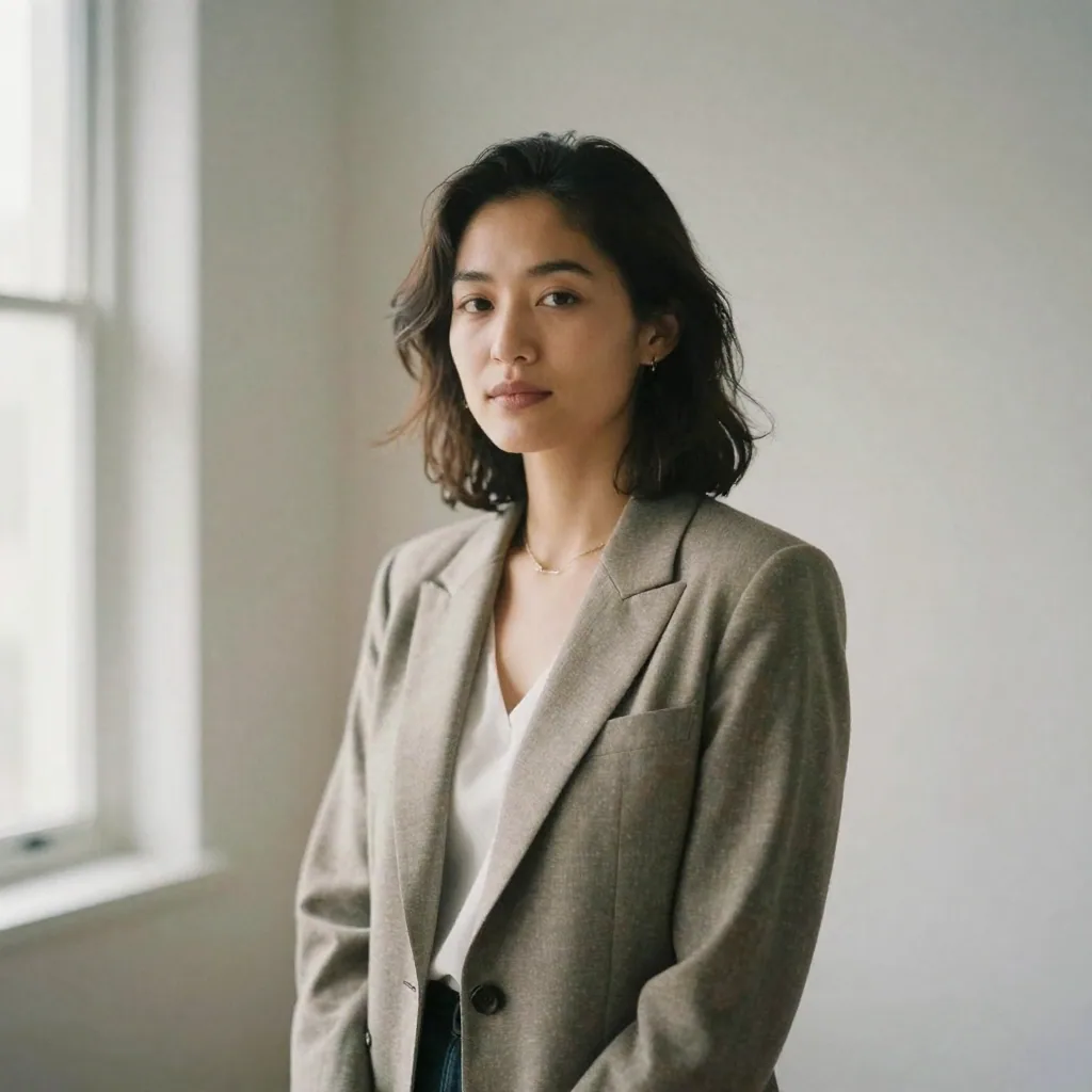 A confident businesswoman in a tailored blazer standing against a clean dove-grey backdrop, soft key light sculpting her face, warm natural light