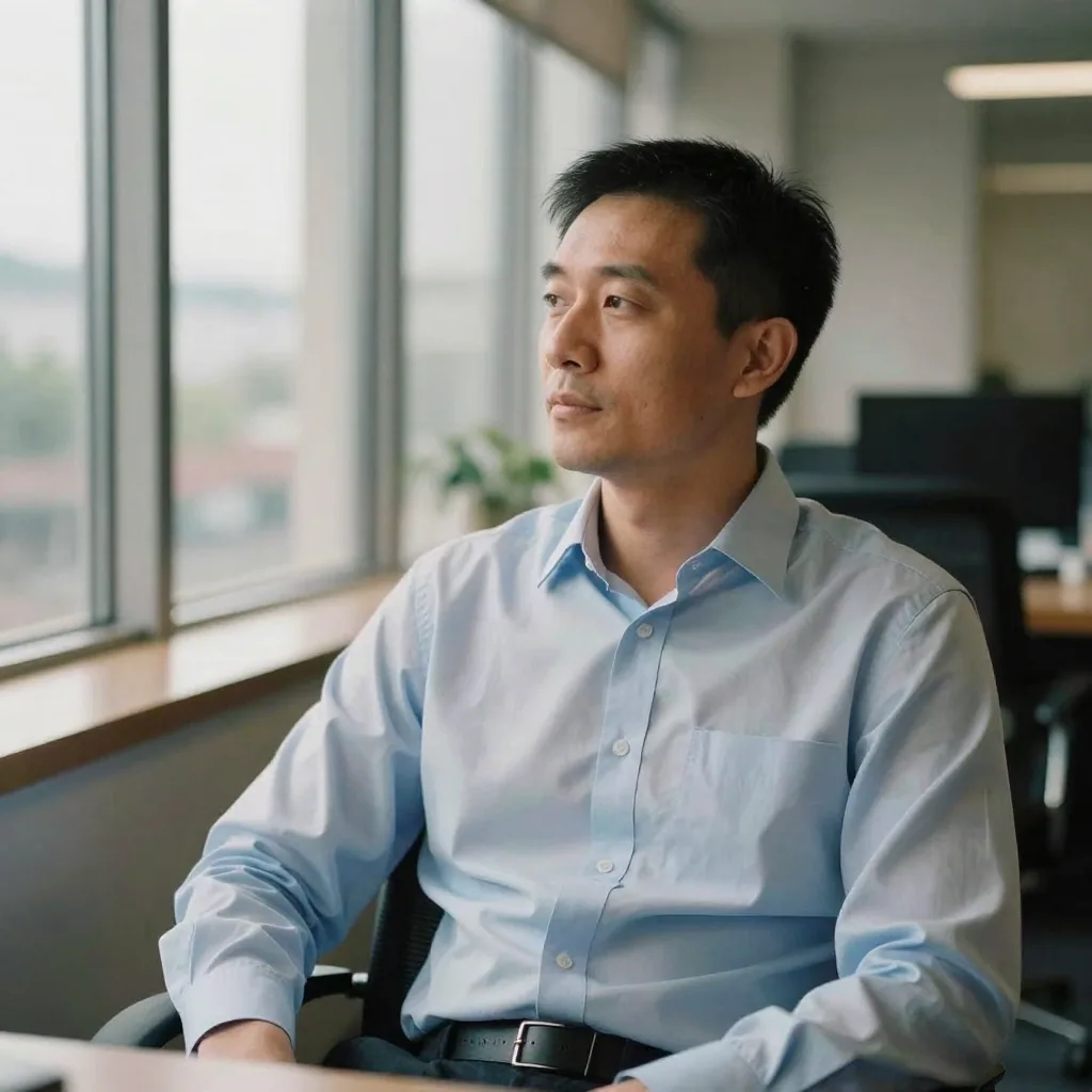A man in a light blue dress shirt seated near a large window, soft daylight falling across his shoulders, blurred office interior behind him
