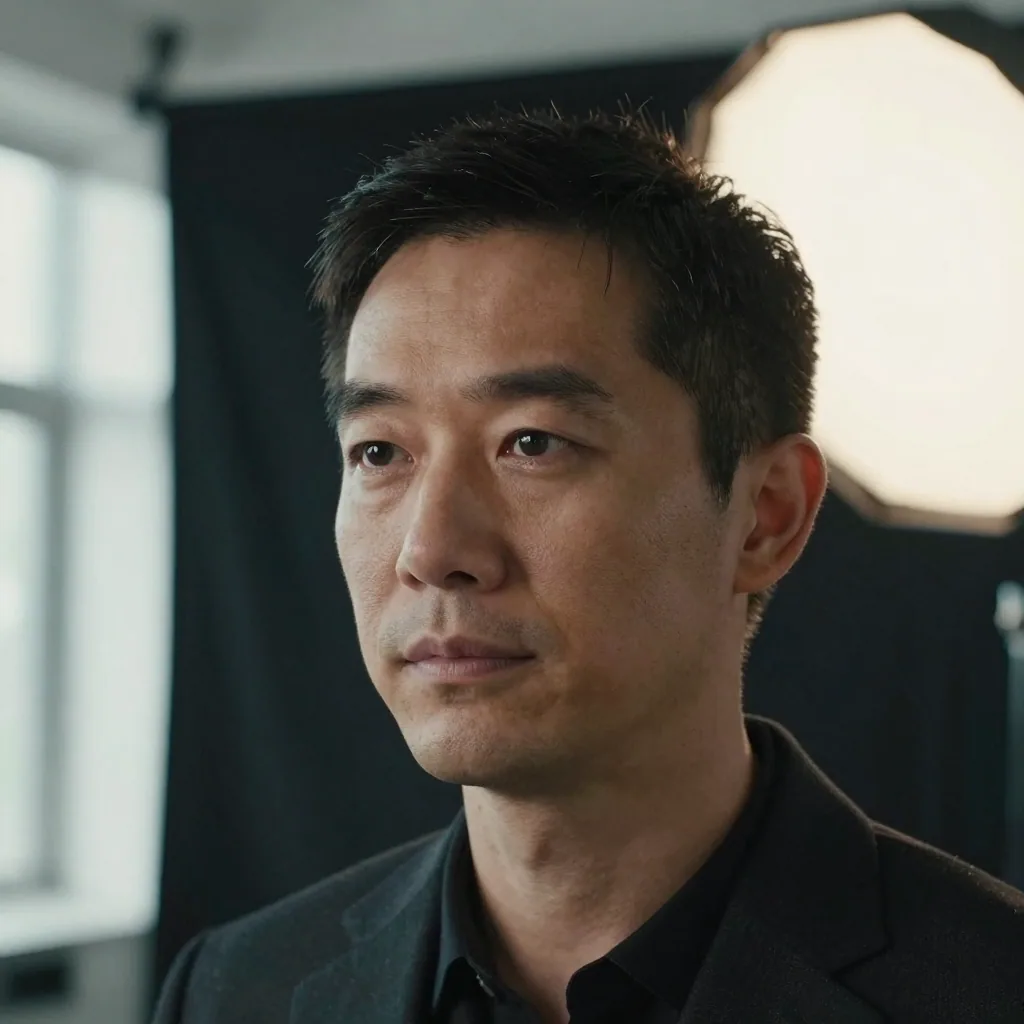 Close-up of a professional's face and shoulders lit by a softbox in a portrait studio, dark seamless backdrop, subtle catchlight in the eyes