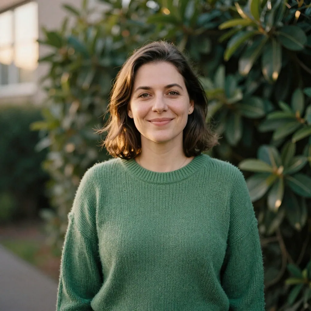 A woman in a green knit sweater standing in front of a softly blurred green foliage wall outdoors, golden late-afternoon light, approachable