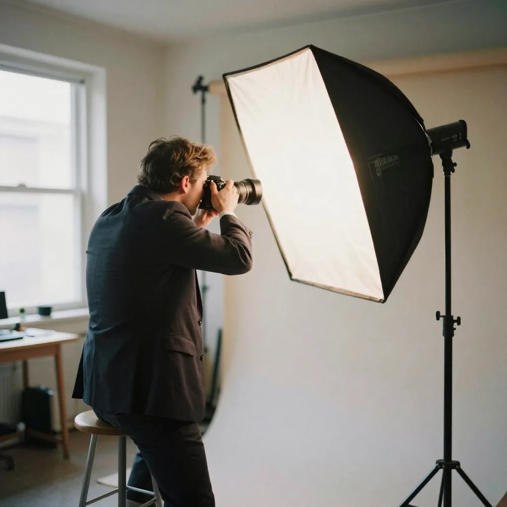 A photographer positioning a reflector beside a man in a dark suit on a stool, softbox glowing, plain backdrop rolled down behind him in a studio
