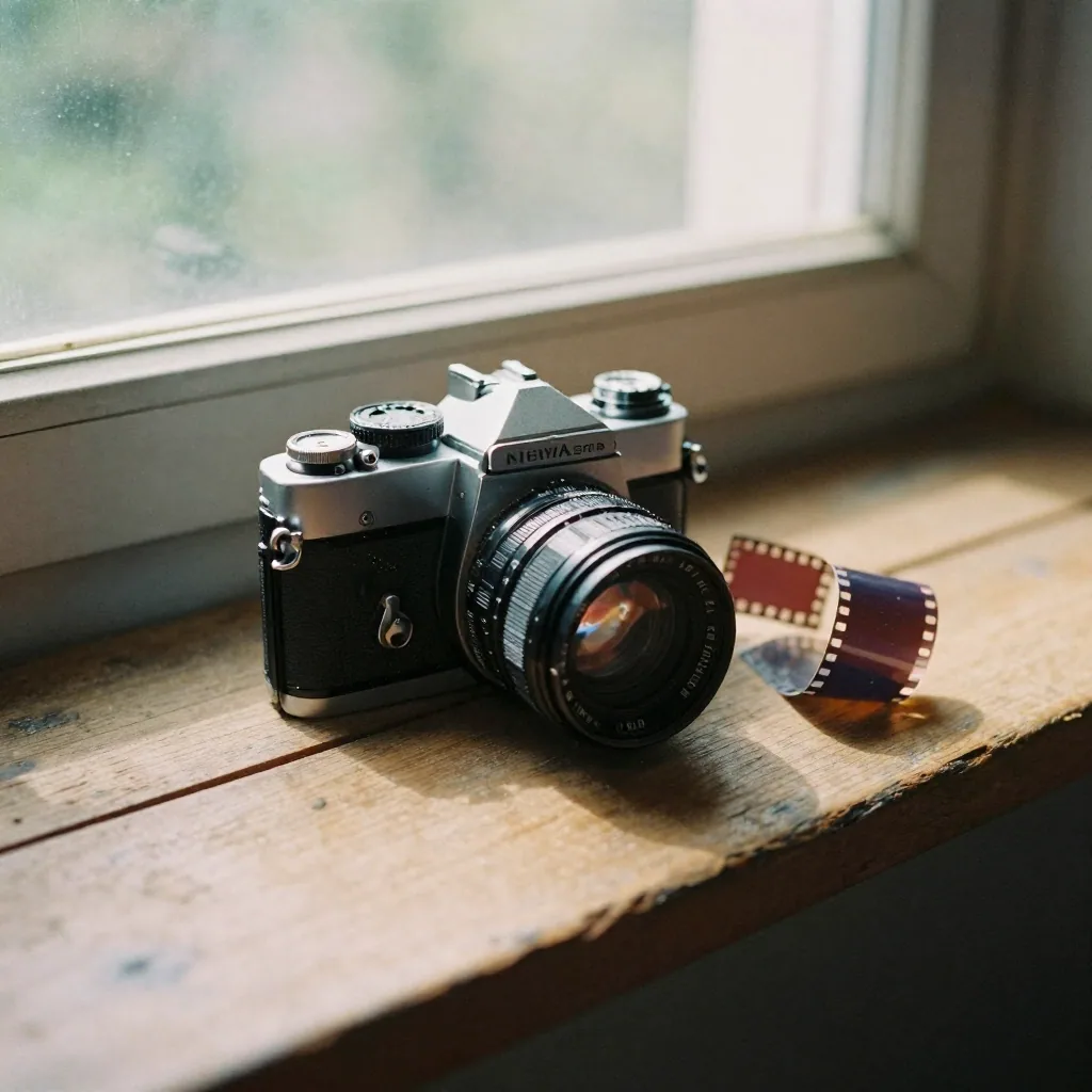 A vintage 35mm film camera on a sun-bleached windowsill beside a curling strip of developed negatives, warm afternoon light with visible grain