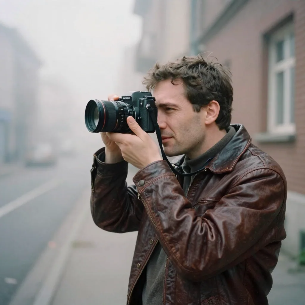 A photographer raising a rangefinder camera on a foggy morning street, soft diffused haze and film-era mood with fine sensor noise