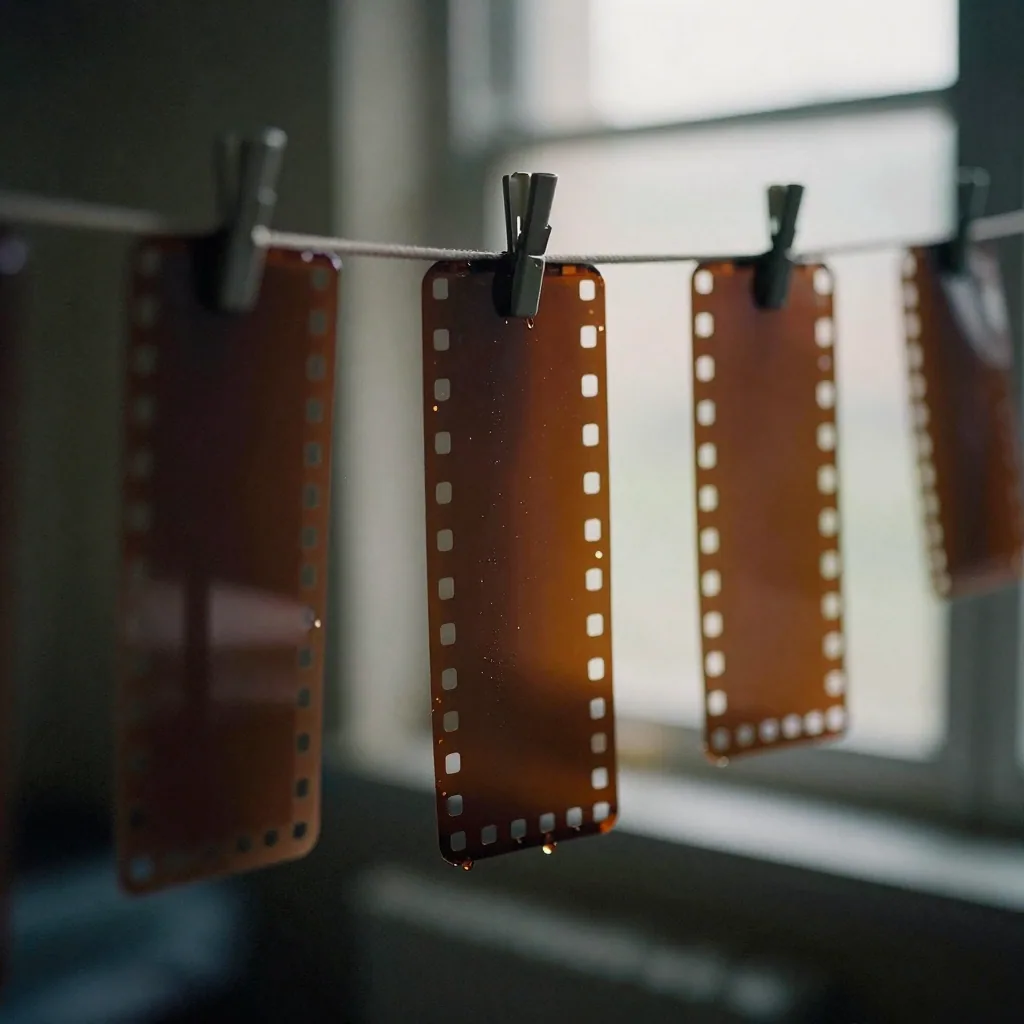 Strips of exposed film hanging to dry on a darkroom clothesline, droplets on the emulsion and deep amber shadows with analog grain