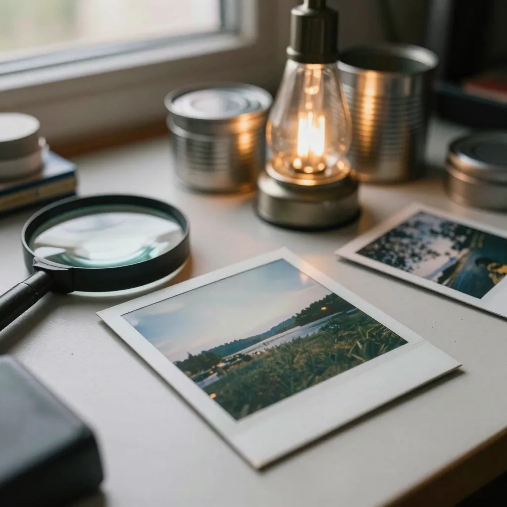 A weathered instant print on a cluttered desk beside a magnifying loupe and metal film canisters, warm tungsten light and film texture