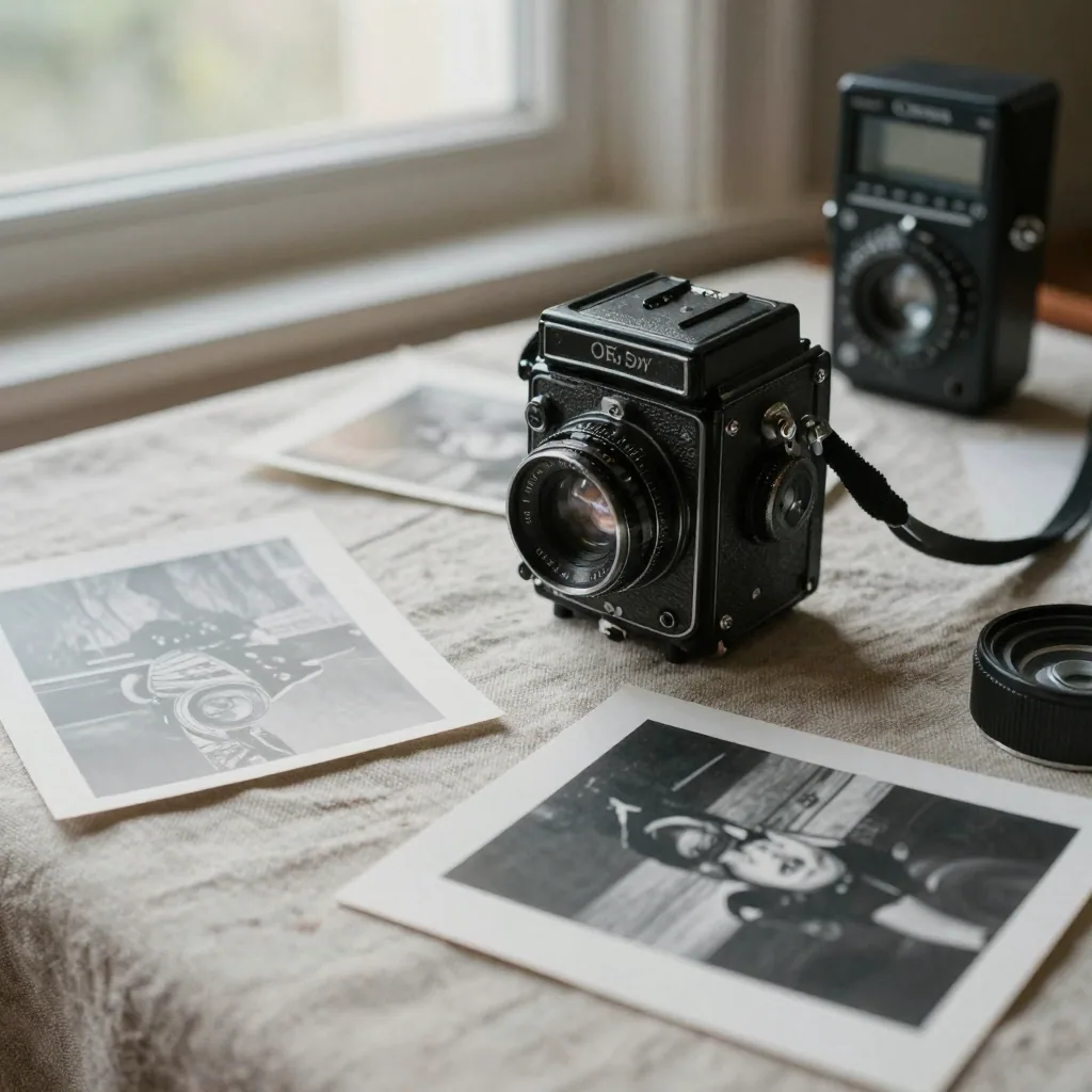 A twin-lens reflex camera, a light meter, and scattered black-and-white prints on rough linen, raking side light revealing sensor-grain detail