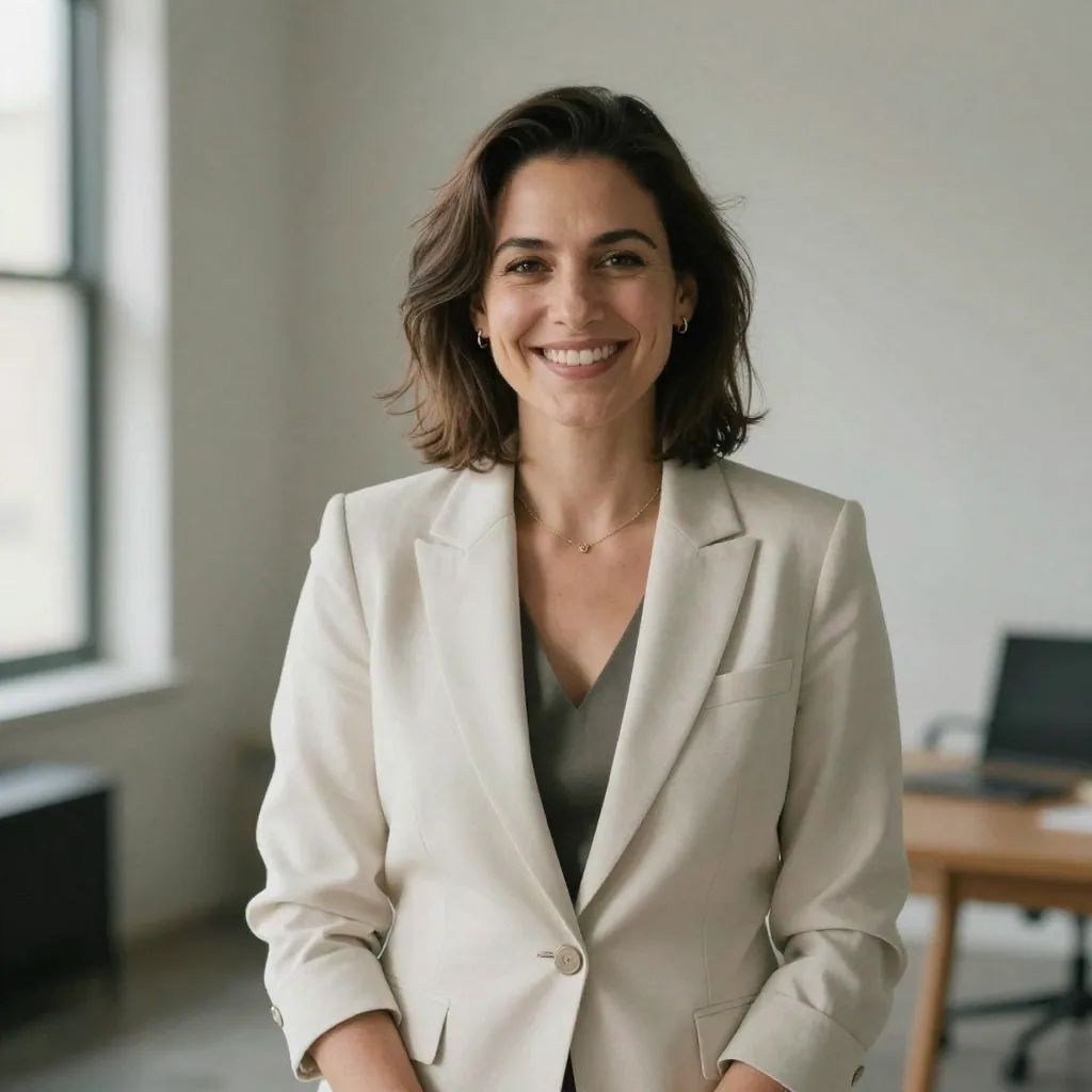 A confident female realtor in a crisp blazer standing in front of a softly blurred neutral studio backdrop, arms relaxed, warm genuine smile