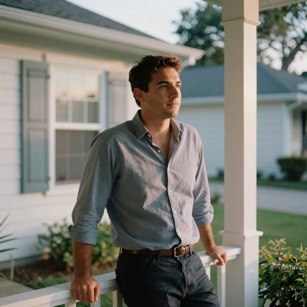 A male real estate agent in an open-collar shirt leaning lightly against the porch railing of a bright suburban home, golden late-afternoon
