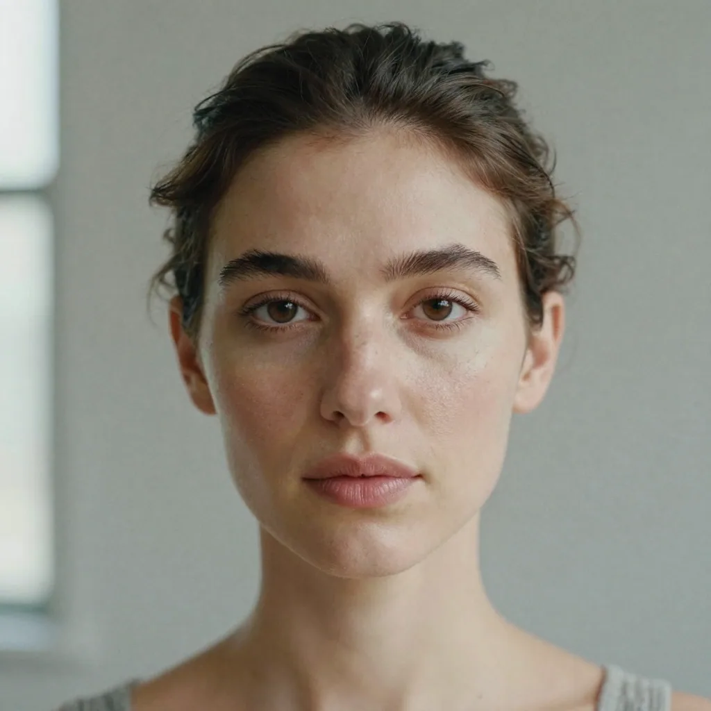 Close-up portrait of a woman with tidy hair and subtle makeup against a warm gray seamless background, direct eye contact, soft even studio