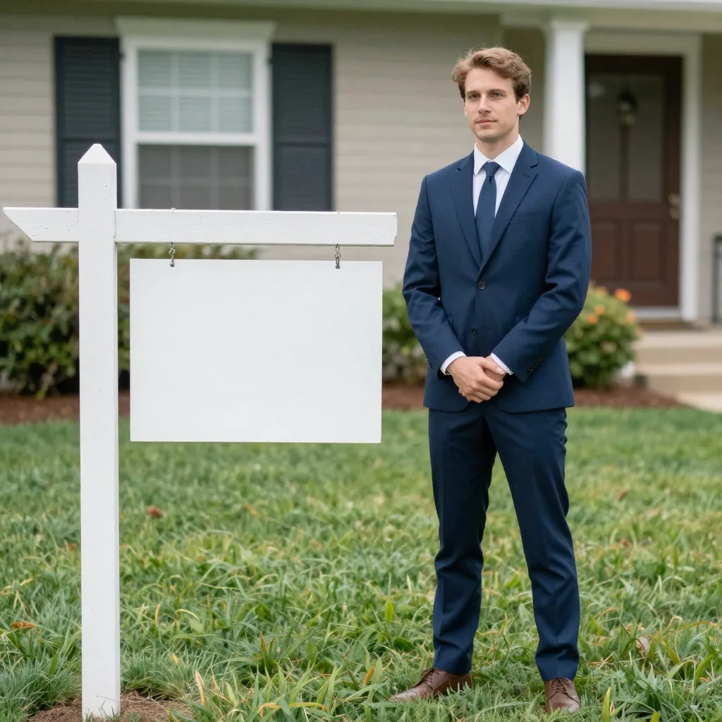 A realtor in a fitted navy suit standing on a manicured front lawn beside a for-sale-style yard sign post that is bare and blank, hands clas