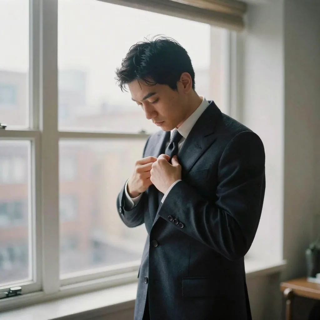 An agent adjusting the lapel of his sport coat in front of a large sunlit window, city apartment interior blurred behind, composed professio