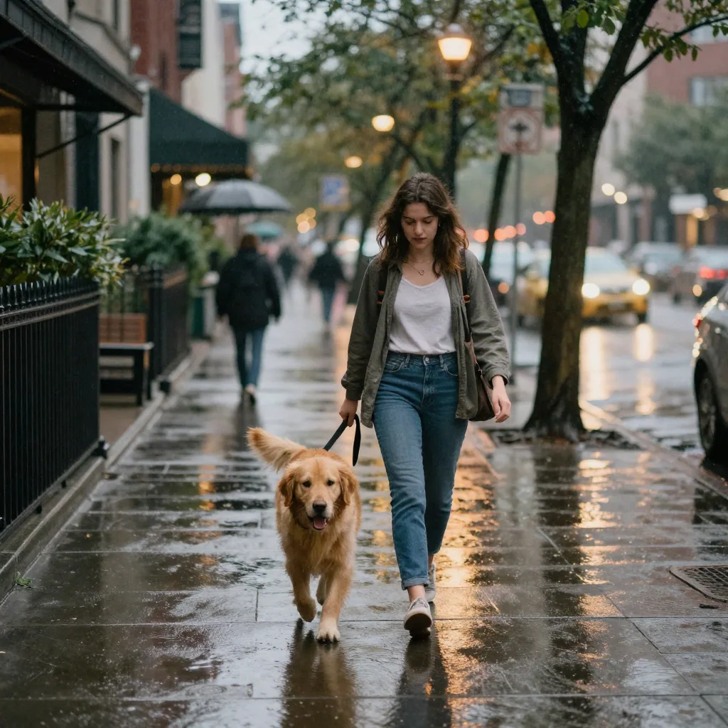 A young woman walking a golden retriever along a wet city sidewalk after rain, reflections shimmering in puddles, warm streetlamps just flic