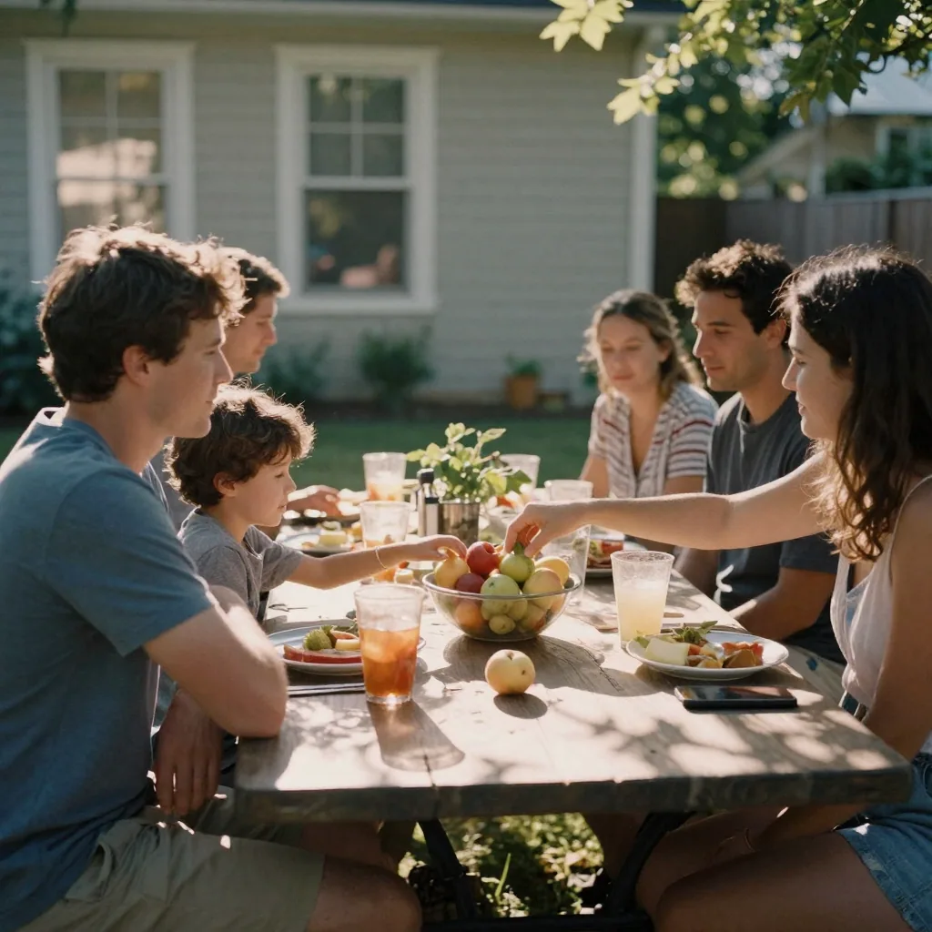 A family gathered around a backyard picnic table at golden hour, one child reaching for a bowl of fruit, dappled tree shadows and relaxed ca