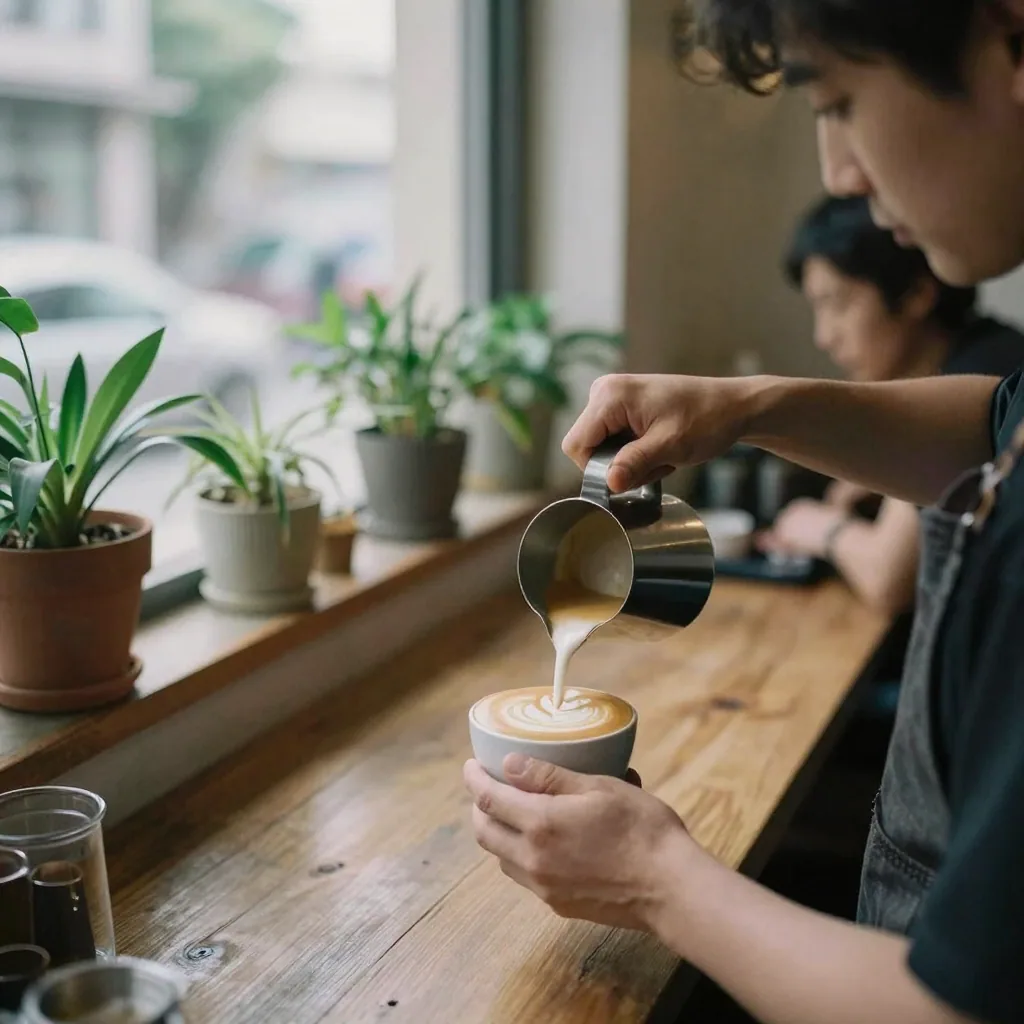 A barista's hands pouring latte art in a cozy sunlit cafe, plants on the windowsill, a blurred customer waiting near the counter, authentic